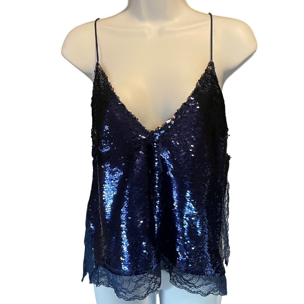 Womens Y2K Navy Coquette Sequin Lace Trim Cami Festival Party Glam L/XL